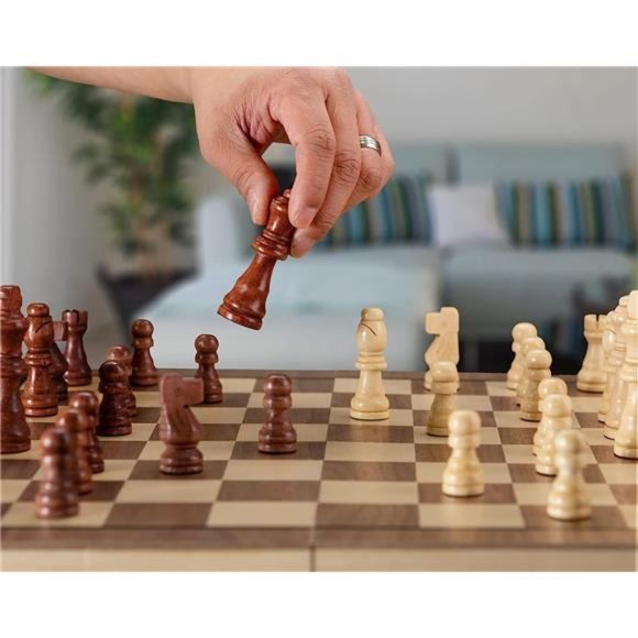 15" Wooden Chess Sets - Chess & Checkers Board Game | with 2 Extra Queens - Picture 5 of 7